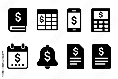 Debt Tracking Icons. Solid, filled icon set of debt tracking: ledger, spreadsheet, app, calculator, calendar, notification, report, statement. [Solid, filled
