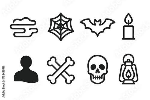 Crypt Icon Set. Outline icon set of crypt atmosphere: fog, cobweb, bat, candle flame, shadow, bones, skull, lantern light. Line icons in only black color,