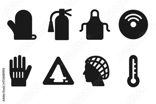 Kitchen Safety Icons. Solid, filled icon set of kitchen safety: oven glove, fire extinguisher, apron, smoke alarm, cut-resistant glove, spill warning, hairnet,