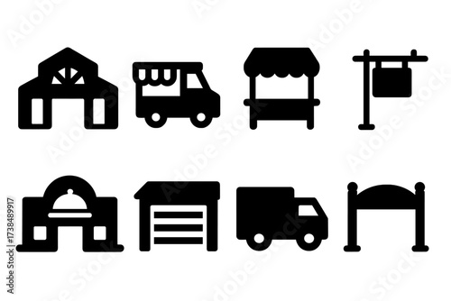 Market and Farming Icons. Solid, filled icon set of market buildings and structures: market hall, food truck, outdoor canopy, signboard, food court, storage