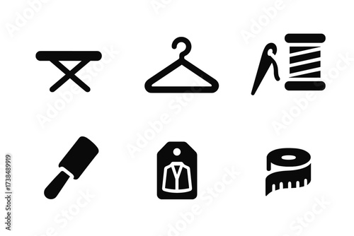 Suit Care Icons. Solid, filled icon set of suit care: ironing board, hanger, sewing needle, thread, lint roller, dry cleaning tag, fabric brush, tailor?s tape.