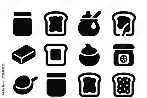 Toast Spread Icons. Solid, filled icon set of toast with spreads: jam jar, honey pot, butter slab, nutella jar, cream cheese dollop, peanut butter scoop,
