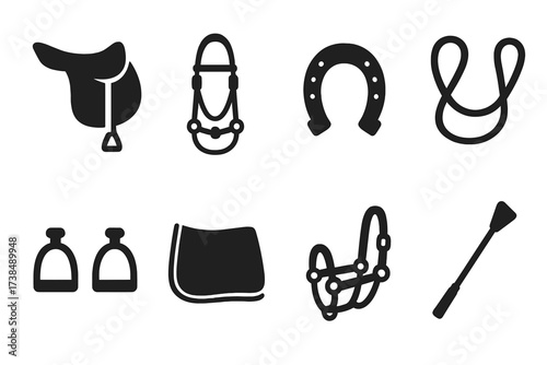 Horse Equipment Icons. Solid, filled icon set of horse equipment: saddle, bridle, horseshoe, reins, stirrups, horse blanket, halter, riding crop. Solid, filled
