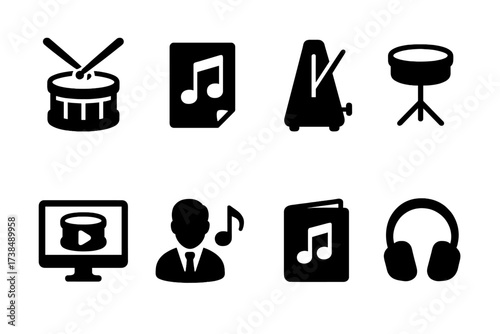 Hand Drum Icons. Solid, filled icon set of hand drum education: drum lesson, sheet music, metronome, practice pad, video tutorial, instructor, music book,