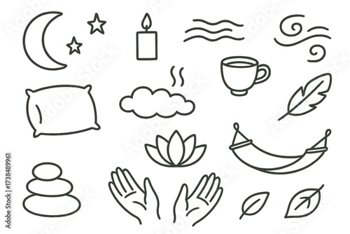 Evening Serenity Icons. Hand-drawn doodle illustration Evening calmness and serenity moon, stars, candle, flowing water, lotus flower, soft pillow, tea cup,