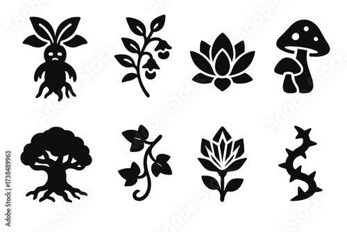 Mystical Plant Icons. Solid, filled icon set of mystical plants: mandrake root, nightshade, lotus bloom, glowing mushroom, ancient tree, ivy tendril, crystal