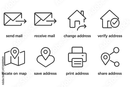 Address Icon Set. Outline icon set of address-related actions: send mail, receive mail, change address, verify address, locate on map, save address, print