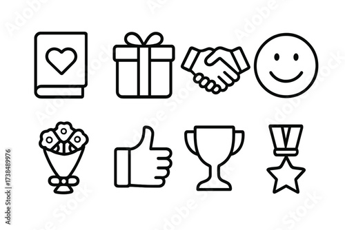 Appreciation Icon Set. Outline icon set of appreciation messages: thank you note, gift with ribbon, handshake, smiling face, bouquet, thumbs up, trophy, star