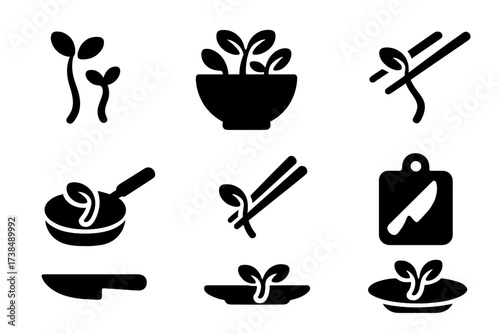 Bean Sprout Kitchen Icons. Solid, filled icon set of bean sprout kitchen use: fresh sprouts, salad bowl, cooking pot, stir fry pan, chopsticks, cutting board,