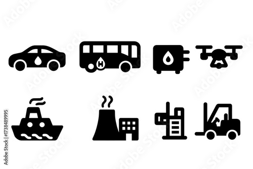Fuel Cell Applications. Solid, filled icon set of fuel cell applications: hydrogen car, fuel cell bus, backup power system, portable generator, drone, marine