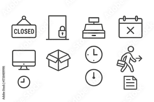 End of Business Icons. Outline icon set of end of business: closed sign, locked door, empty cash register, calendar with last day marked, turned off computer,