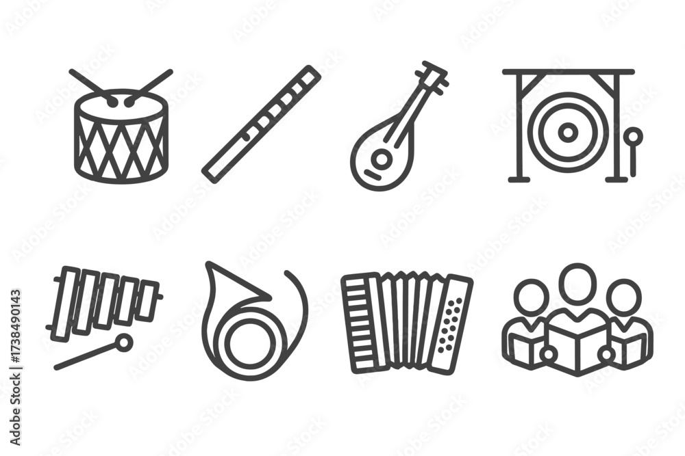 Fototapeta premium Traditional Music Icons. Outline icon set of traditional music: drum, flute, string instrument, gong, xylophone, horn, accordion, choir. Line icons in only