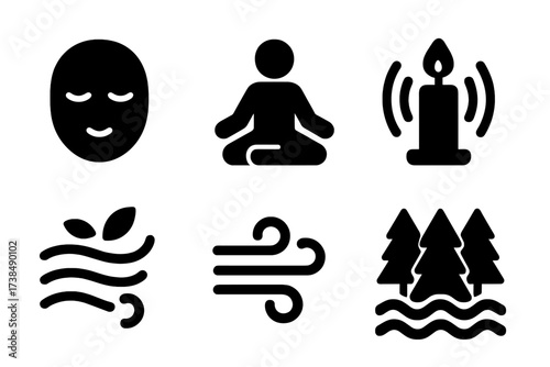 Breath and Relaxation Icons. Solid, filled icon set of breath and relaxation: calm face, lotus pose, candle, sound waves, nature air, breeze, forest, ocean