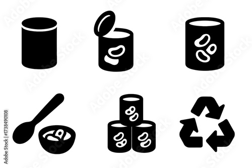 Canned Beans Icon Set. Solid, filled icon set of canned beans: can with lid, open can, beans pouring, label, spoon, bowl, stack of cans, recycling symbol.