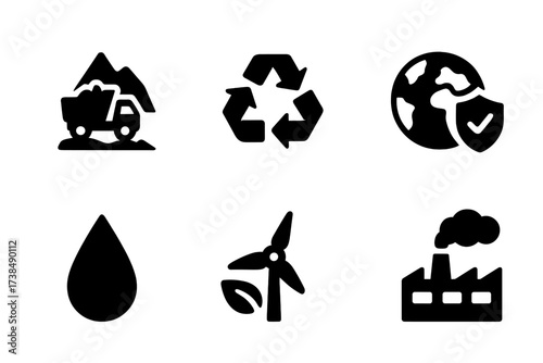 Zinc Impact Icons. Solid, filled icon set of zinc environmental impact: mining site, waste water, recycling symbol, earth protection, water drop, leaf, clean