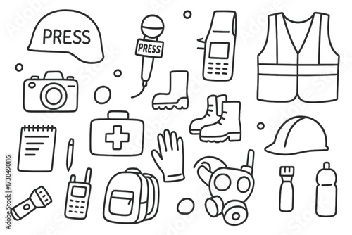 Disaster Zone Essentials. Hand-drawn doodle illustration Disaster zone reporting helmet, camera, microphone, safety vest, first aid kit, satellite phone,