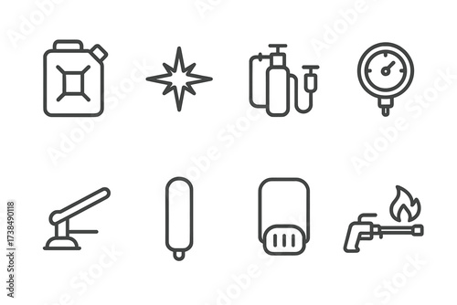 Flamethrower Parts Icons. Outline icon set of flamethrower parts: fuel canister, ignition spark, fuel pump, pressure gauge, control lever, shoulder strap,