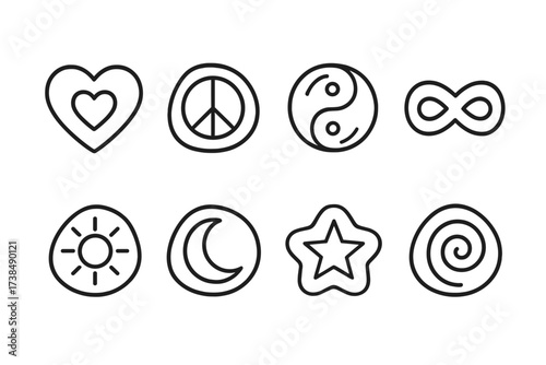 Stone Symbol Icons. Outline icon set of stone symbols and motifs: heart stone, peace stone, yin-yang stone, infinity stone, sun stone, moon stone, star stone,
