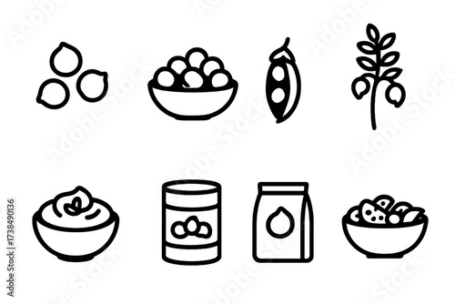 Chickpea Icon Set. Solid, filled icon set of chickpeas: raw chickpeas, cooked chickpeas, chickpea pod, chickpea plant, chickpea hummus, canned chickpeas,