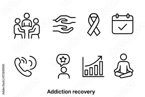 Recovery Icon Set. Outline icon set of addiction recovery: support group, helping hands, sober ribbon, calendar checkmark, phone hotline, motivational speech,