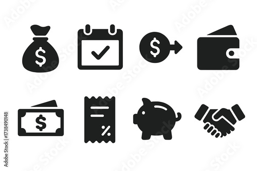 Debt Repayment Icons. Solid, filled icon set of debt repayment: money bag, calendar with due date, payment transfer, wallet, banknotes, receipt, piggy bank,