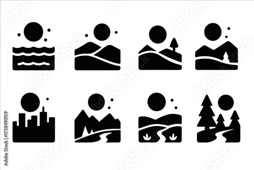 Moonlit Landscape Icons. Solid, filled icon set of moonlit landscapes: ocean under moonlight, desert dunes, snowy hill, city skyline at night, mountain ridge,