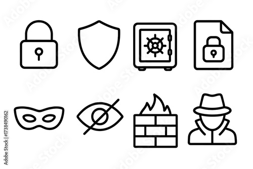 Secrecy Icon Set. Outline icon set of secrecy and privacy: lock, shield, safe, encrypted file, privacy mask, eye with slash, firewall, anonymous user. Line