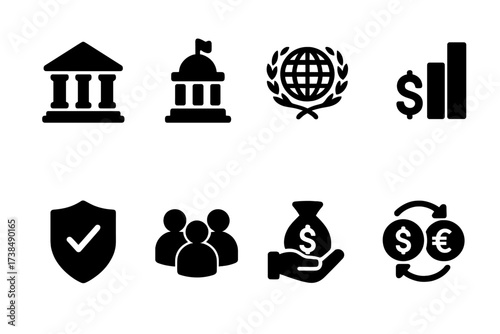 Central Bank Icon Set. Solid, filled icon set of central bank relationships: commercial banks, government, international organizations, financial markets,