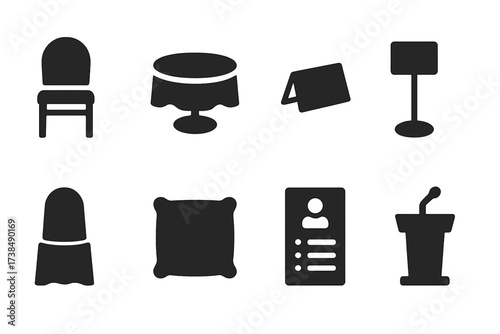 Banquet Icon Set. Solid, filled icon set of banquet seating: banquet chair, round table, place card, table number, chair cover, cushion, guest list, podium.