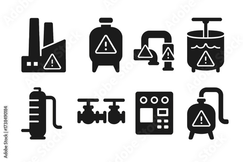 Industrial Acid Icon Set. Solid, filled icon set of industrial acid use: chemical plant, storage tank, pipeline, mixing vat, distillation column, safety