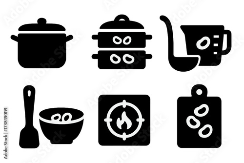 Soybean Cooking Tools. Solid, filled icon set of soybean cooking tools: cooking pot, steamer, ladle, measuring cup, spatula, bowl, stove burner, cutting board.
