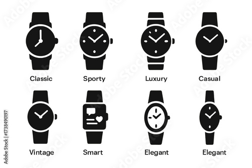 Watch Style Icons. Solid, filled icon set of watch styles: classic, sporty, luxury, casual, vintage, minimalist, smart, elegant. [Solid, filled icons in only