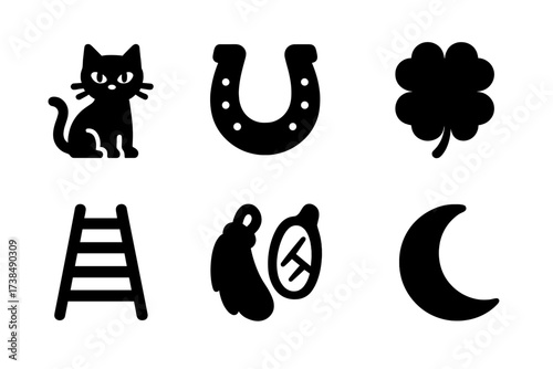 Superstition Icon Set. Solid, filled icon set of superstition: black cat, horseshoe, broken mirror, four-leaf clover, ladder, rabbit?s foot, candle, crescent