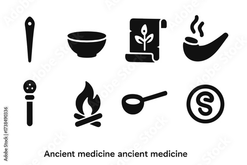 Ancient Medicine Icons. Solid, filled icon set of ancient medicine: bone needle, clay bowl, scroll of herbs, smoke horn, ritual stick, fire pit, water ladle,
