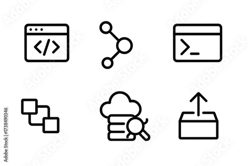Development Tools Icons. Outline icon set of development tools: code editor, version control, terminal, build automation, API integration, cloud server,