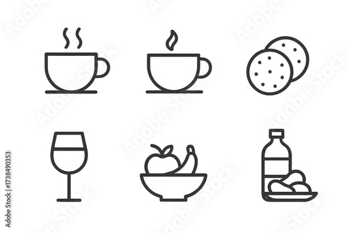 Book Club Treats. Outline icon set of book club refreshments: coffee cup, tea cup, cake slice, cookies, wine glass, fruit bowl, water bottle, snack plate. Line