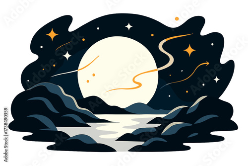 Luminous Moonlight Dance. Glowing moon landscape. A large, luminous moon rising over rocky terrain with floating stars and abstract light trails surrounding