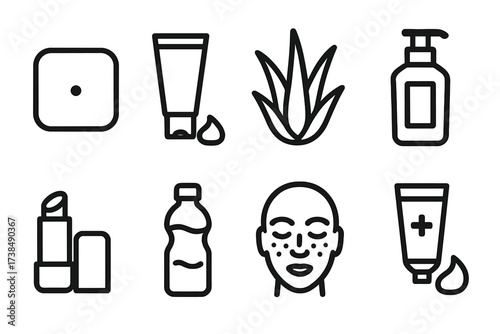 Windburn Treatment Icons. Solid, filled icon set of windburn treatment: cold compress, soothing cream, aloe vera, hydrating lotion, lip balm, water bottle,
