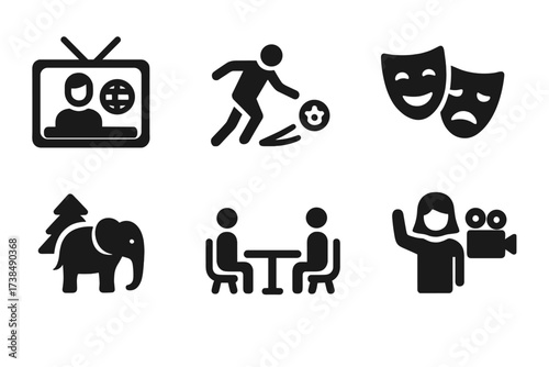 TV Network Icon Set. Solid, filled icon set of TV network content types: news, sports, drama, documentary, talk show, reality show, advertisement, weather