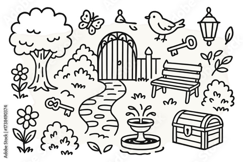 Secret Garden Doodles. Hand-drawn doodle illustration hidden garden tree, flower, gate, key, bench, bird, fountain, path, leaves, shadow, butterfly, lantern,