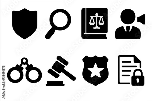 Anti-Corruption Icon Set. Solid, filled icon set of anti-corruption measures: shield, magnifying glass, law book, whistleblower, handcuffs, gavel, police