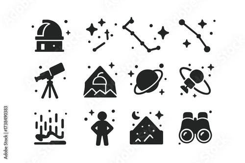 Astronomy Icons Grid. Space observation. Solid icons set of observatory dome, night sky, constellation lines, telescope tripod, mountain observatory, satellite