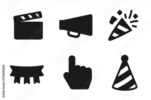 Applause Accessories Icons. Solid, filled icon set of applause accessories: clapperboard, megaphone, hand fan, confetti popper, banner, foam finger, face