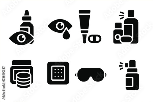 Medicated Eye Care Icons. Solid, filled icon set of medicated eye care: medicated eye drops, eye ointment, eye wash cup, contact lens solution, medicated pads,