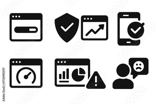 Website Performance Icons. Solid, filled icon set of website performance: loading bar, uptime shield, SEO graph, mobile optimization, speed test, analytics