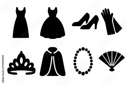 Formal Attire Icons. Solid, filled icon set of formal curtsy attire: long dress, ball gown, high heels, gloves, tiara, cape, pearl necklace, fan. Solid, filled
