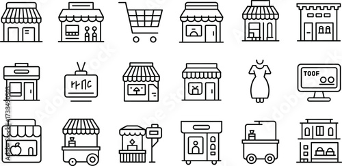 Minimalist line icon set of shops, storefronts, markets, malls, kiosks, e-commerce, retail store, supermarket, boutique, black white illustration
