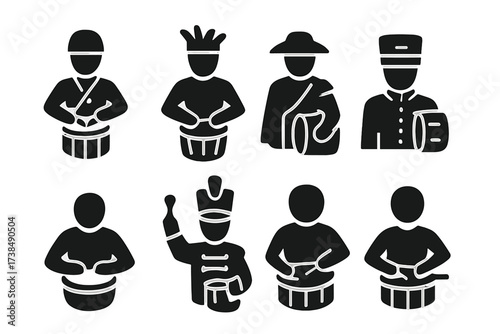War Drummer Icons. Solid, filled icon set of war drum famous players: military drummer, tribal drummer, battle musician, ceremonial drummer, percussionist,