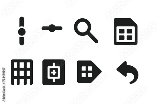 Spreadsheet Icon Set. Solid, filled icon set of spreadsheet navigation: scroll bar, zoom slider, search magnifier, sheet switcher, freeze pane, go to cell,