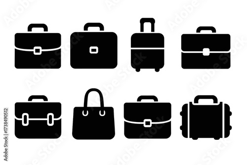 Business Briefcase Icons. Solid, filled icon set of business briefcases: attache case, hard shell briefcase, rolling briefcase, slim briefcase, vintage leather